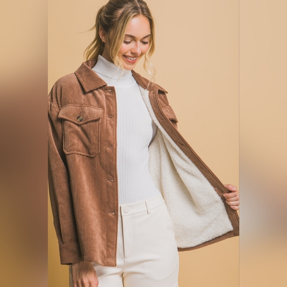 Love Tree Corduroy Button Up Jacket with Sherpa Inside - Picture 3 of 6